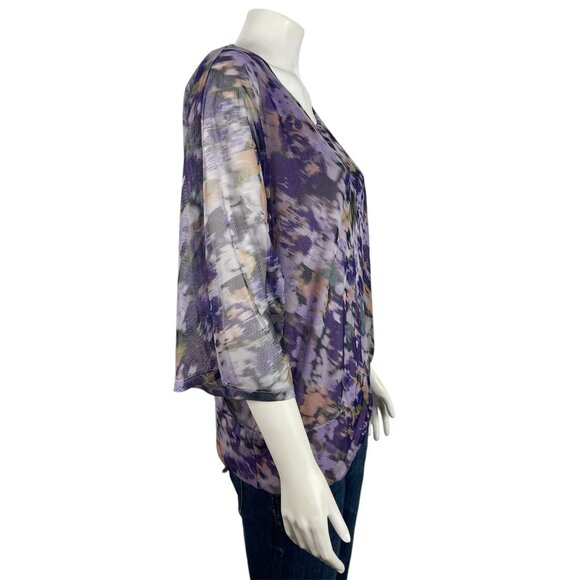 Chicos Purple Watercolor 3/4 Sleeve Double Layer Shirt 1 Medium Mesh Top Blouse - Picture 2 of 7